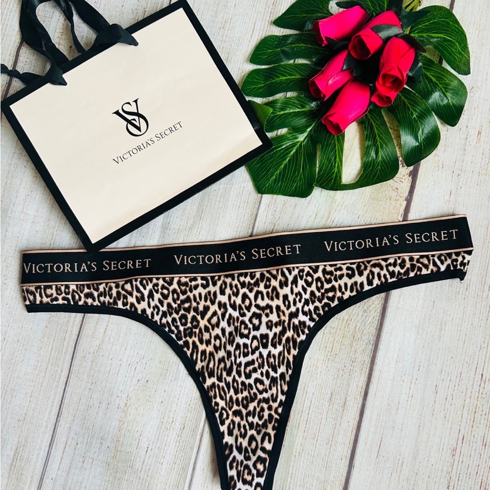 Victoria’s Secret Women’s Black Brown Animal Print Logo Cotton Thong Underwear L